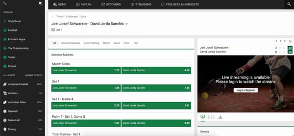 Unibet live betting interface showing tennis match odds between Joel Josef Schwarzer and David Jorda Sanchis