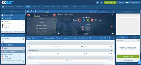 1xBet live football betting screen showing Tijuana vs Club Necaxa stats and markets including the double chance option