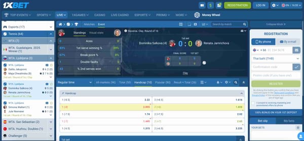 1xBet live tennis betting interface showing match stats and odds – related to Apple Pay withdrawal declined issue