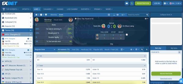 1xBet live tennis betting interface showing WTA Changsha match stats and odds, does 1xBet allow arbitrage betting insights