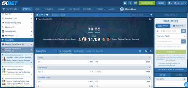 1xBet padel betting odds for Premier Padel Paris match, showing players and live countdown — does 1xBet work in Spain?