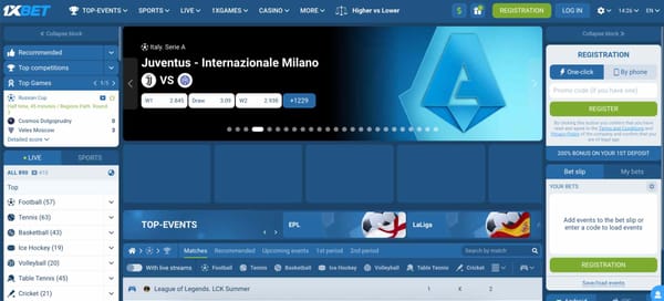 1xBet review homepage showing live football markets
