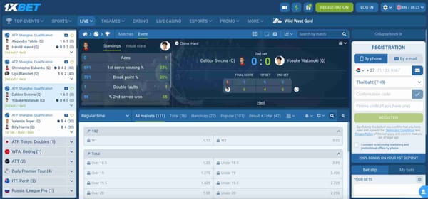 Live tennis match odds and statistics on 1xBet platform, showing betting markets and interface for users in Vietnam learning how to withdraw from 1xBet.