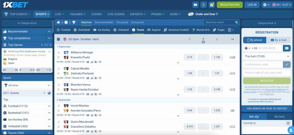 1xBet US Open doubles betting odds screen, showing matches and options for users with a 1xBet PIX deposit Brazil.