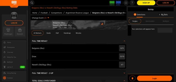 888sport betting odds screen showing Belgrano vs Newell’s Old Boys reserves match with full-time result options – useful for understanding what is 888sport safety net bet.