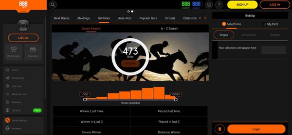 888sport Betfinder tool displaying horse racing odds and smart search filter options