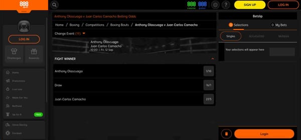 888sport boxing betting odds showing Anthony Olascuaga vs Juan Carlos Camacho with highlighted fight winner markets