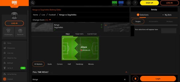 Live football betting screen on 888sport showing Kenya vs Seychelles match and bet options, relevant to the question can 888sport refuse to pay out.