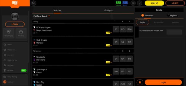 888sport football match odds interface showing upcoming fixtures and betting options; useful for users asking "Does 888sport have instant withdrawal" and seeking platform insights.