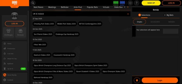 888sport horse racing ante-post betting schedule including Cheveley Park Stakes, Sun Chariot Stakes, and other UK events