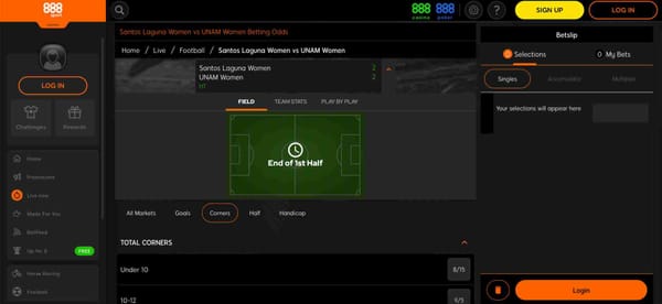 888sport live betting screen showing Santos Laguna Women vs UNAM Women match at half-time, useful for understanding what happens if a game is postponed on an accumulator 888sport.