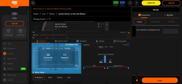 888sport live tennis betting odds for Jannik Sinner vs Alex De Minaur showing in-play statistics
