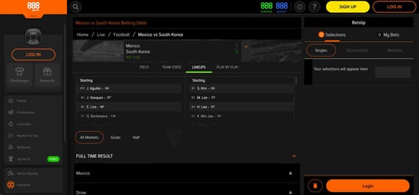 Betting odds and live score for Mexico vs South Korea on 888sport platform.