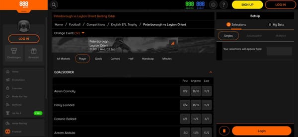888sport betting odds for Peterborough vs Leyton Orient showing goalscorer markets