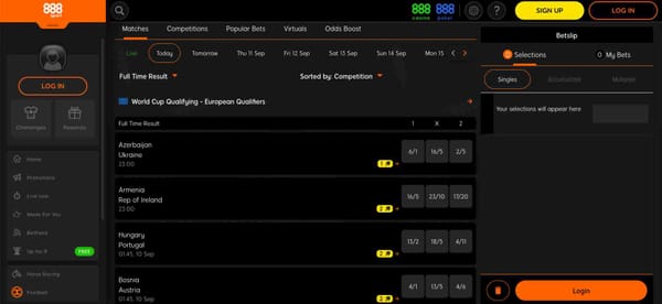888sport betting odds for World Cup Qualifying matches with football fixtures and betting options