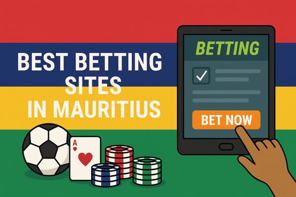 Illustration promoting the best betting sites in Mauritius with football, poker chips, and mobile betting