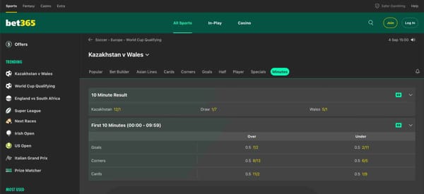 Bet365 accumulator bonus not paid issue example showing Kazakhstan vs Wales betting odds and in-play markets