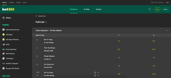 Bet365 badminton betting odds showing China Masters matches – helpful for users asking does Bet365 accept JazzCash Pakistan.