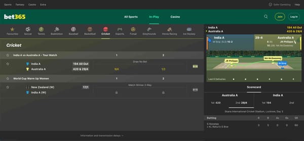 Bet365 cricket live betting interface showing India A vs Australia A match with real-time score updates.
