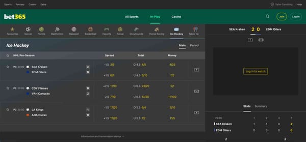 Bet365 in-play ice hockey betting screen showing Seattle Kraken vs Edmonton Oilers with live odds and spreads, useful for learning how to change odds format on Bet365.