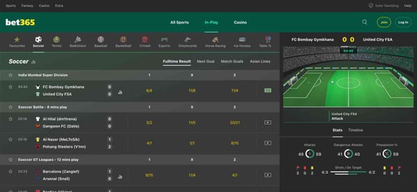 Bet365 live football betting screen showing in-play match stats between FC Bombay Gymkhana and United City FSA – example for Bet365 Nubank deposit Brazil users.