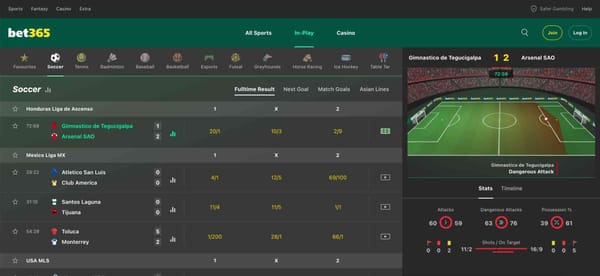 Bet365 live football betting on Gimnastico de Tegucigalpa vs Arsenal SAO with in-play stats and odds.