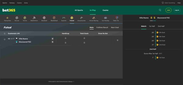 Bet365 live futsal scoreboard showing Villa Nueva vs Glucosoral FSC match in progress, useful for checking odds and Bet365 Venmo withdrawal time information.