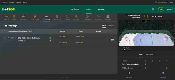 Live ice hockey betting on Bet365 showing CEZ Motor Ceske Budejovice vs HKM Zvolen with odds, spread, and totals displayed – Bet365 does return include stake.