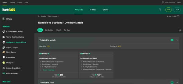 Betting odds for Namibia vs Scotland cricket match on Bet365 showing match winner and bet boosts.