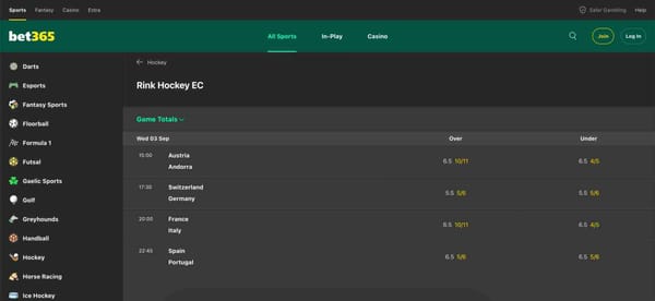 Bet365 Rink Hockey EC betting odds showing over and under markets with Bet365 deposit limit time frame tools available for responsible gaming.