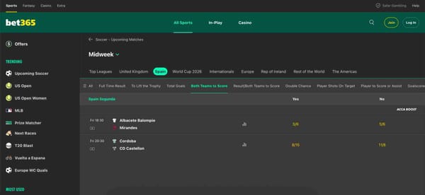 Bet365 Spain Segunda betting odds showing Albacete vs Mirandes and Cordoba vs CD Castellon — is Bet365 available in Nigeria for these markets?