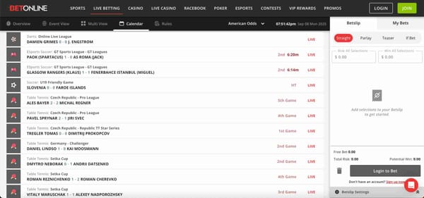 BetOnline live betting calendar showing active games and scores – Can BetOnline take money back after cash out