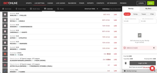 BetOnline live betting scoreboard showing MLB, WNBA, NHL, and eSports matches — does BetOnline accept BLIK Poland