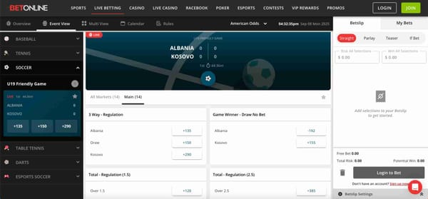 BetOnline live soccer betting interface showing Albania vs Kosovo match odds – can you deposit to BetOnline with Revolut