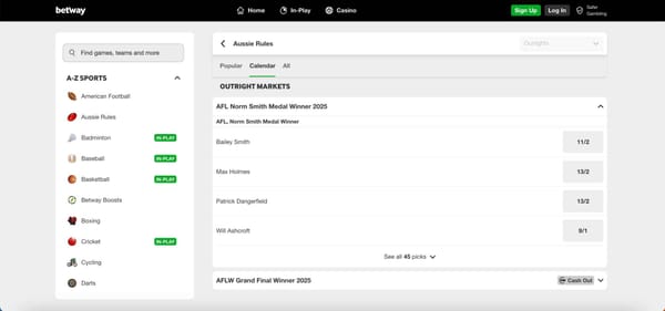 Betway Aussie Rules betting markets showing AFL Norm Smith Medal odds and examples of outright bets, useful for players wondering what are Betway golden chips.