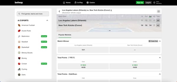 Betway basketball betting screen showing Los Angeles Lakers vs New York Knicks game odds