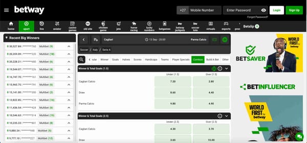 Betway betting page showing Cagliari Calcio vs Parma Calcio odds with winner and total goals markets, relevant to can I use Betway with fake name