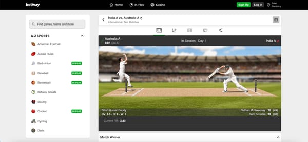 Live cricket betting screen on Betway showing India A vs Australia A match with score updates and players’ details.