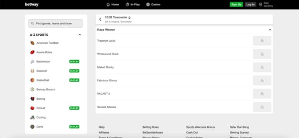Betway horse racing odds for Towcester race showing available betting options, helpful for learning how to convert bonus into cash on Betway.