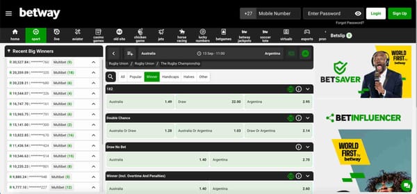 Betway betting odds for Australia vs Argentina rugby match with recent winners displayed – related to are Betway winnings taxable in Canada