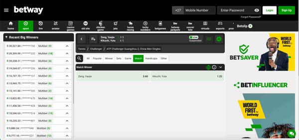 Betway tennis betting screen showing live match odds for Zeng Yaojie vs Kikuchi Yuta – can I bet anonymously on Betway