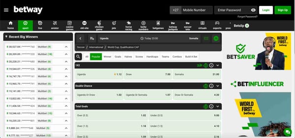 Betway sports betting page showing Uganda vs Somalia World Cup qualifier odds – example of Betway deposit not showing up issue during betting