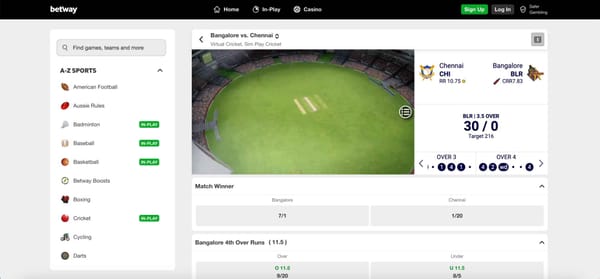 Betway virtual cricket match between Bangalore and Chennai shown on the betting platform, related to when is Betway coming to Maryland.