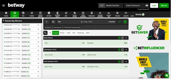Betway volleyball betting screen showing USA vs Colombia odds and how to change odds format on Betway.