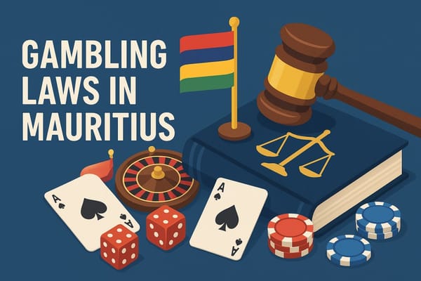Illustration showing gambling laws in Mauritius with casino symbols, legal book, and national flag