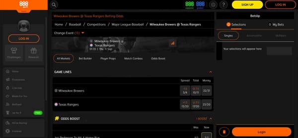 Betting odds for Milwaukee Brewers vs Texas Rangers on 888sport, showing spreads, totals, and money line options for users learning how to convert bonus into cash on 888sport.