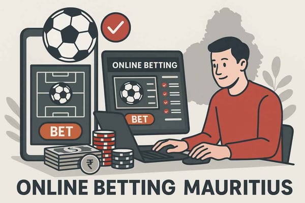 Illustration of a person using laptop and mobile for online betting Mauritius with football graphics.