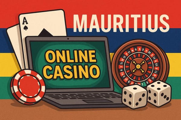 Illustration of online casino in Mauritius with playing cards, roulette wheel, poker chips, and dice.