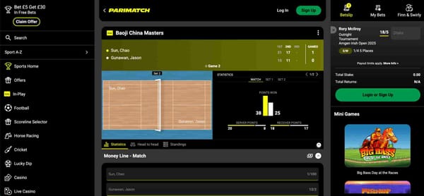 Live Baoji China Masters match screen on Parimatch showing Sun Chao vs Jason Gunawan with betting odds and statistics.