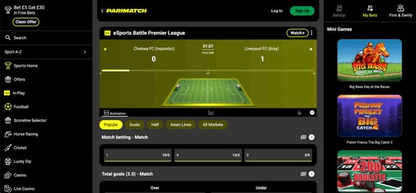 Parimatch football betting screen showing live eSports Premier League match between Chelsea FC and Liverpool FC – does Parimatch accept BLIK Poland for deposits?